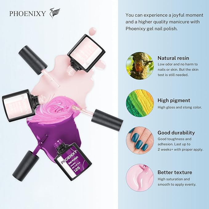 phoenixy 24 PCS Gel Nail Polish Kit，Blue Colors Gel Polish Set with Base Glossy Matte Top Coat Purple Pink Nail Polish Set