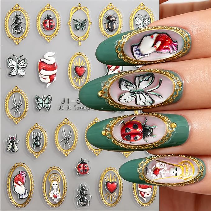Halloween Nail Art Stickers, Retro Golden Frame Nail Decals 5d Embossed with Ghost Insect Spider Ladybug Butterfly Design 3Pcs Halloween Nail Art Supplies for Women Nail Decoration Nail Stickers