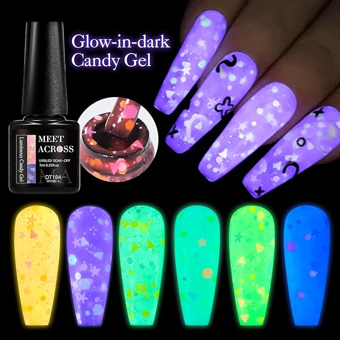 MEET ACROSS Candy Glow in the Dark Gel Nail Polish Set, 6 Colors Luminous Light Pink Yellow Purple Glow Effect Nail Polish with Sequins Soak off UV LED Cured for Home Salon DIY Manicure