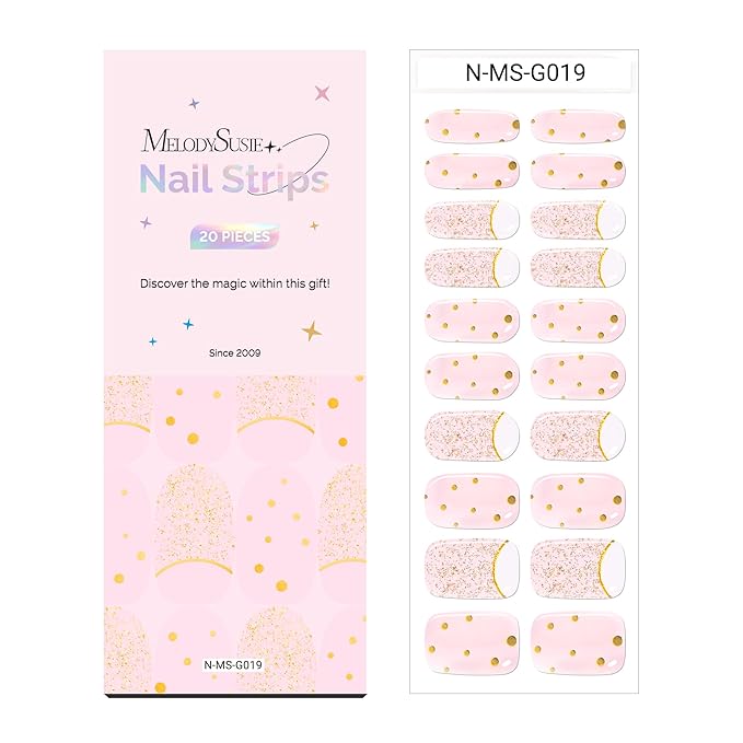 MelodySusie Semi Cured Gel Nail Strips, 20 PCS Gel Nail Stickers, UV Light Required, Durable & Salon Quality (Crystal Pink)