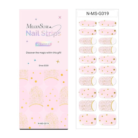 MelodySusie Semi Cured Gel Nail Strips, 20 PCS Gel Nail Stickers, UV Light Required, Durable & Salon Quality (Crystal Pink)
