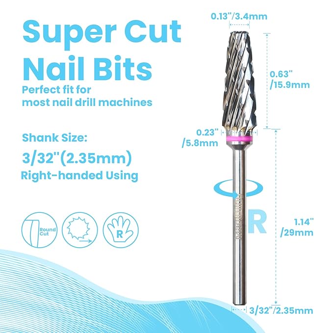 Super Cut 5 In 1 Nail Drill Bits, Tapered Barrel 3/32'' Safety Tungsten Bits, Upward Cut for Hard Gel Removal, Right Hand Use, Manicure Cuticle Gel Polishing, Technicians Bits, Double Coarse.