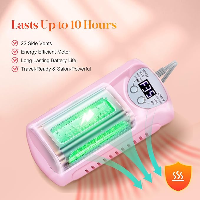 Electric Nail Drill Professional, 35000RPM Nail File Machine with Bits Set & Fast Cooling, Portable E File for Acrylic Gel Nail Polishing Removing, Manicure Pedicure at Salon & Home Use, Pink