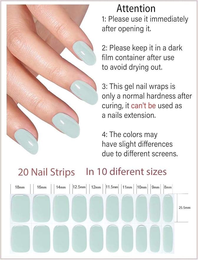 Semi Cured Gel Nail Strips, 20pcs Gray Blue Gel Nail Stickers UV for Home Nails DIY