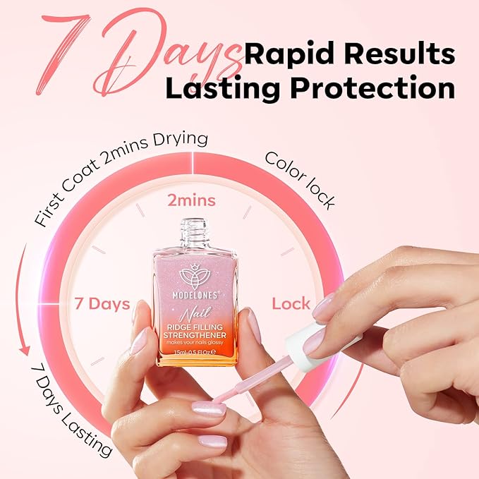 modelones Nail Strengthener Glitter Pink Nail Polish Nail Repair for Damaged Nails Hardener and Growth Polish Nail Care15ml