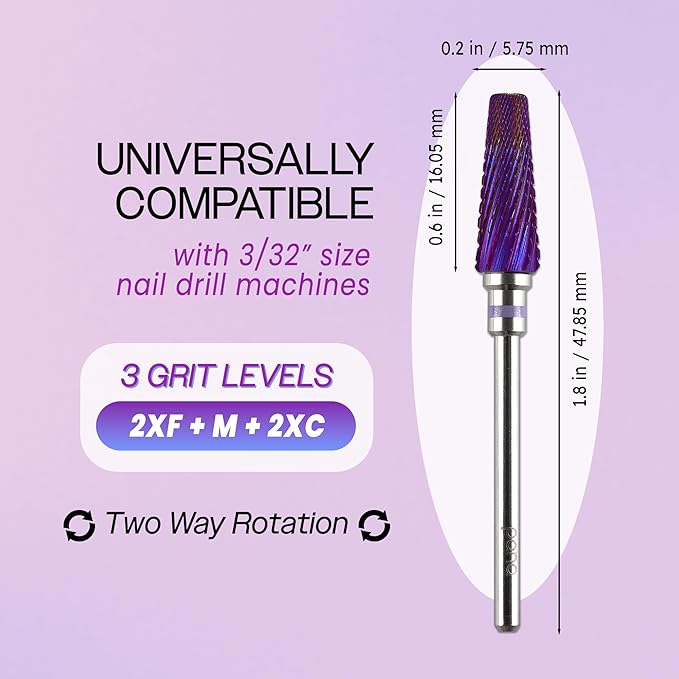 PANA 5-in-1 Pro Upgraded Multi-Function Drill Bit 3/32" Shank Size - (Purple, 2X Coarse to 2X Fine) - Mix Size Tungsten Drill Bit Fast Remove Acrylic Hard Gel Nail for Manicure Pedicure