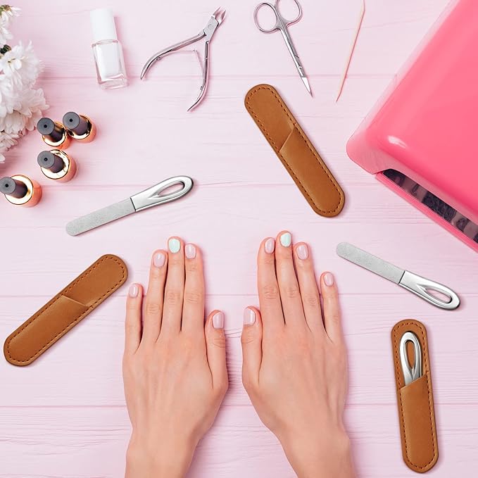 3 Pieces Stainless Steel Nail Files with Leather Case Double Sided Nail Files Non Slip Handle Grit Diamond Fingernail File Easily Grinding Metal Nail File Emery Boards for Natural Nails (Brown)
