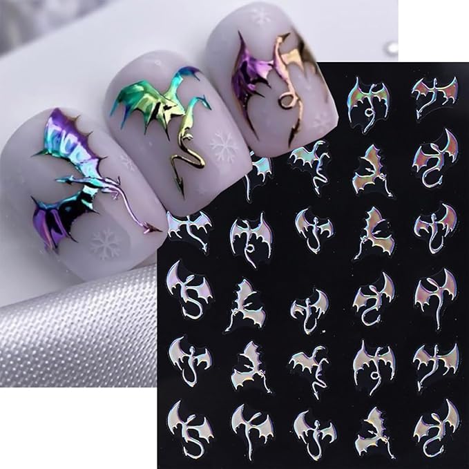 6 Sheets Halloween Bat Nail Stickers for Nail Art Glitter Laser Gold Silver Nail Decals 3D Self-Adhesive Gothic Dragon Nail Design Stickers Holiday Nail Art Supplies for Women DIY Women