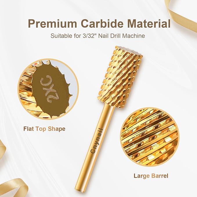 3/32" Large Barrel Flat Top Tungsten Carbide Nail Drill Bit Safety Bit for Gel & Acrylic Removal, 2-Way Rotating Efile Tip, Salon Electric File Accessory (2XC Grit, Gold)