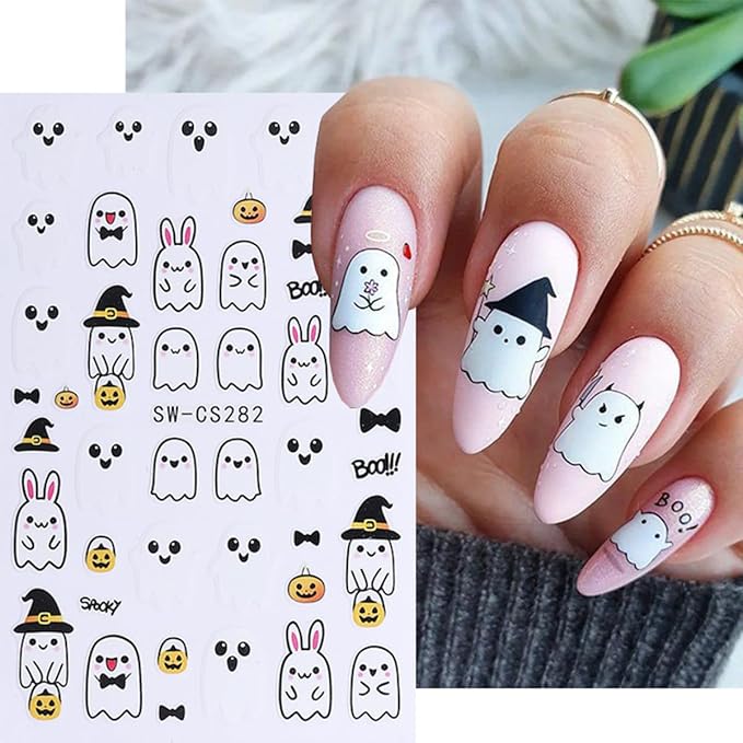 8 Sheets Halloween Nail Art Stickers Decals Cute Ghost Pumpkin Black Cat Bat Spider Web Design Nail Stickers Supply 3D Self-Adhesive Nail Decals for Halloween Party Nails Decoration DIY Manicure Tips