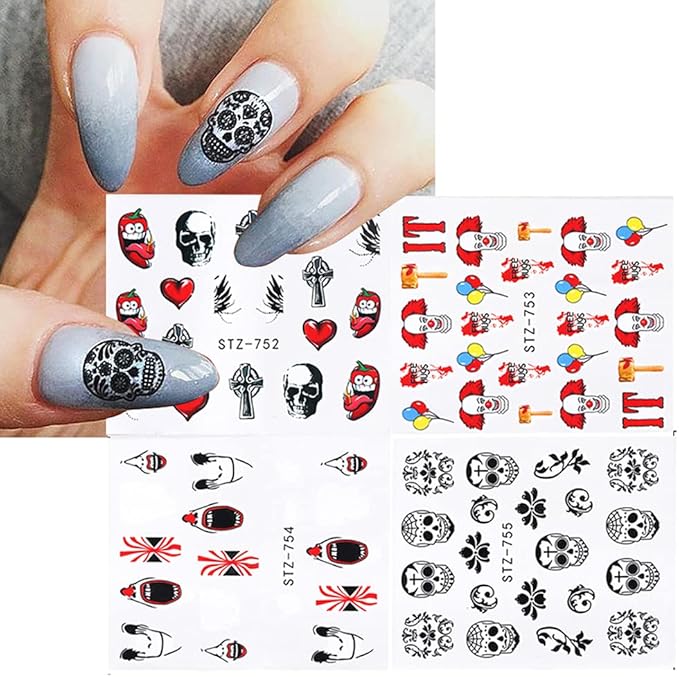 24 Sheets Halloween Nail Stickers Day of The Dead Water Transfer Nail Decals Skull Ghost Eye Hulk Clown Witch DIY Nail Art Stickers Halloween Party Supply Fingernails Toenails Decoration