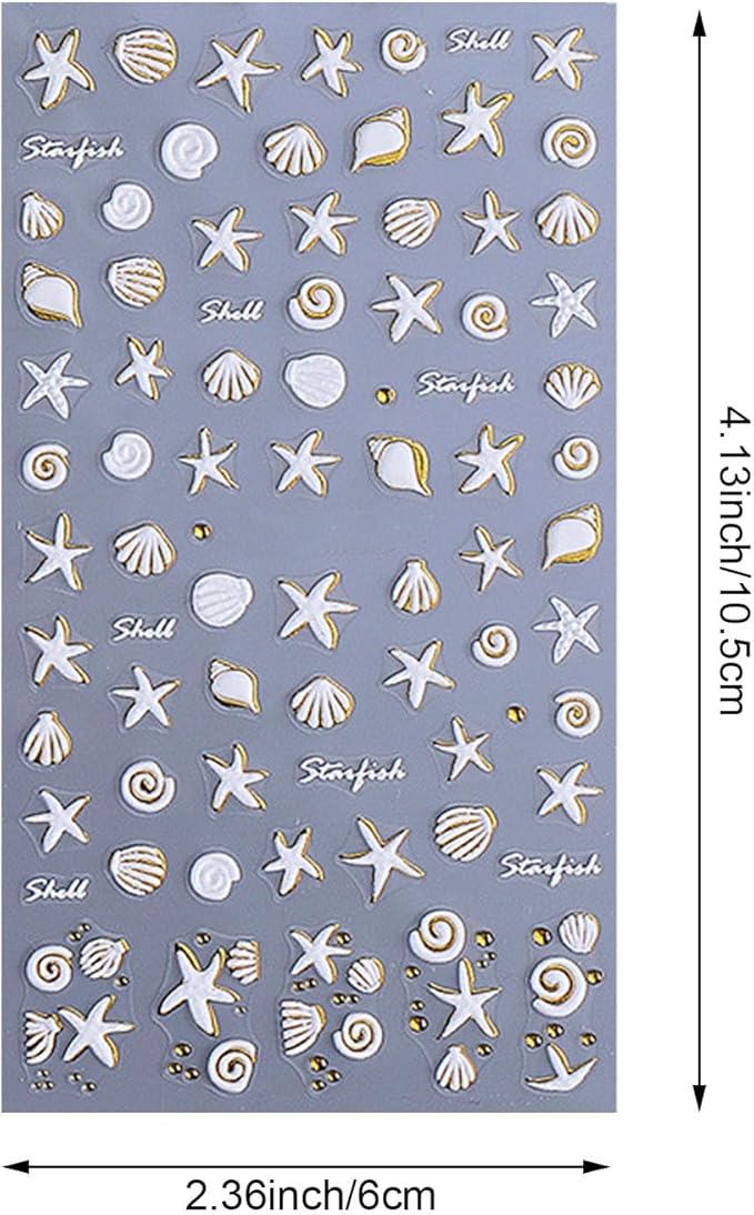5D Embossed Beach Nail Art Stickers, 4 Pack, White Gold Shell Starfish Design, Self-Adhesive Ocean Theme Decals for Summer Manicure Decoration