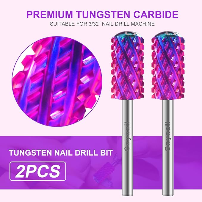 3/32" 2PCS Large Barrel Smooth Round Top Tungsten Carbide Nail Drill Bit Safety Bit for Gel & Acrylic Removal, 2-Way Rotating Efile Tip, Salon Electric File Accessory (4XC Grit, Purple)