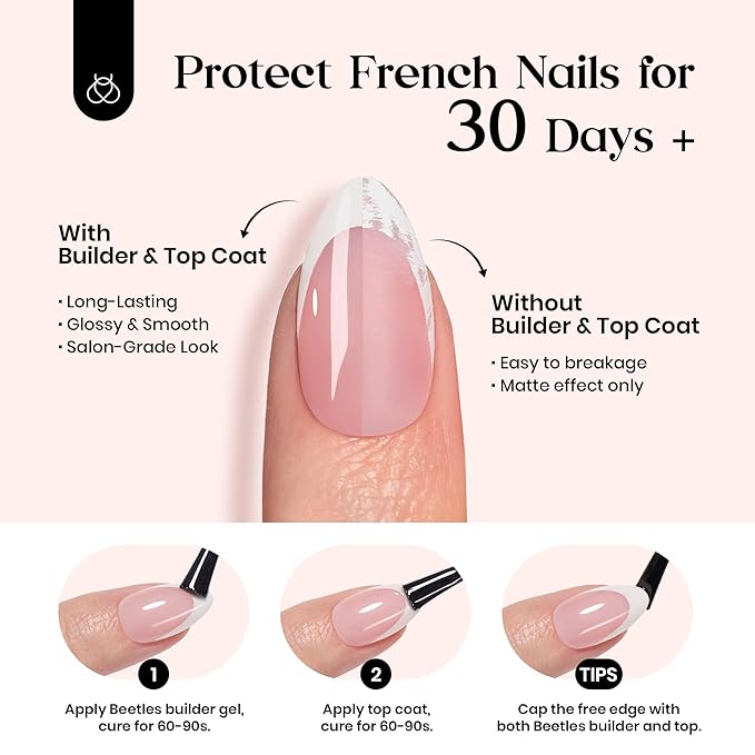 Beetles French Tip Press on Nails Long Square Salon Quality, White French Pink Gel Nail Tips 15 Sizes, Etch X Pre-Primer No Need to File Tips Soak Off Acrylic Nails Extensions DIY Nail Art for Women