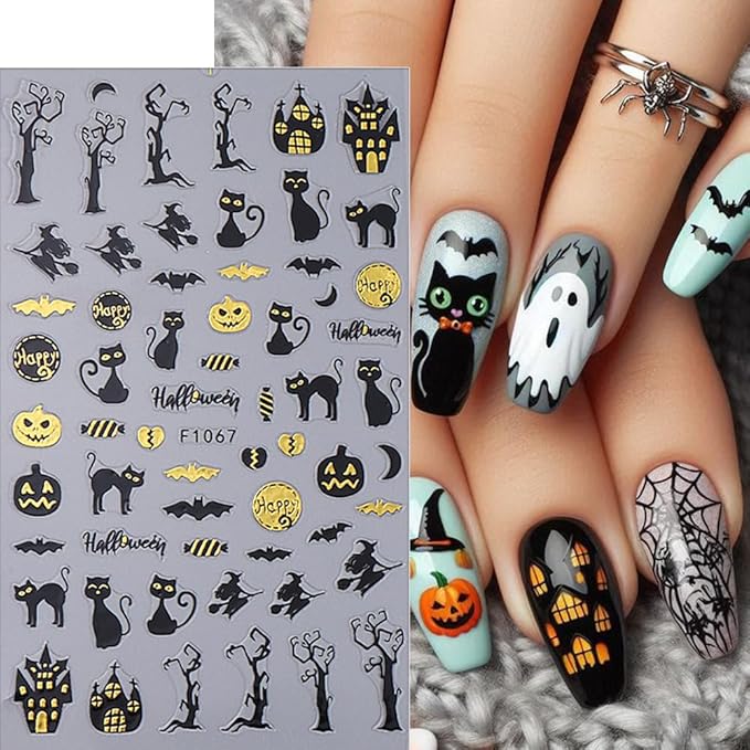 4Pcs Halloween Nail Stickers Gold Spider Nail Decals Self Adhesive Black Cobweb Spider Web Ghost Nail Design Halloween Nail Decoration Supplies Holiday Manicure Accessories for Women