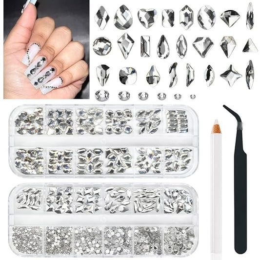 24 Styles Silver Clear Nail Rhinestones Multi Shapes Flatback K9 Glass Crystal White Gems Round Beads Stones Diamonds Jewels Nail Art Charms for Nails Face Eyes Makeup DIY Crafts Clothes Shoes