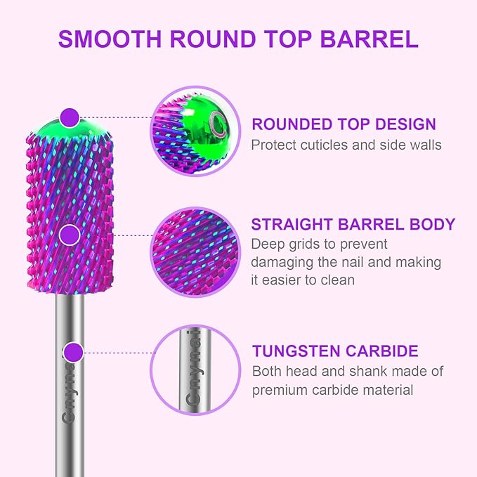 3/32" 2PCS Large Barrel Smooth Round Top Tungsten Carbide Nail Drill Bit Safety Bit for Gel & Acrylic Removal, 2-Way Rotating Efile Tip, Salon Electric File Accessory (C Grit, Purple)