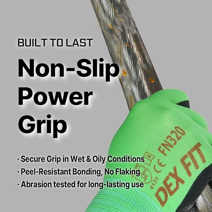 DEX FIT Nylon Work Gloves FN320, 3D Comfort Fit, Power Grip, Lightweight, Touchscreen for Men & Women, Breathable & Flexible for Yard Work DIY Mechanic Warehouse; Green 7 (S)