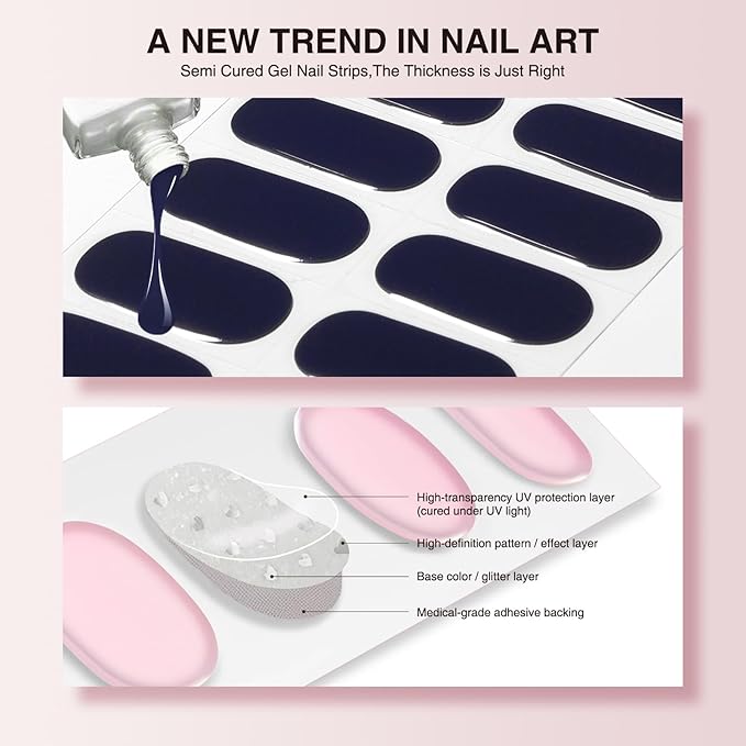 Semi Cured Gel Nail Strips, 20 PCS Stickers Work with UV Light, Gel Nail Wraps, Salon Quality & Easy to Use - Haze Blue