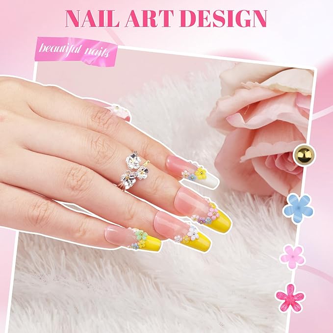 2 Boxes Colorful Flower Nail Charms & Nail Beads, Iridescent Nail Flower Charms Silver/Gold Caviar Beads with Nail Chain for Women DIY Manicure Crafts (6-S2-Mixed3)