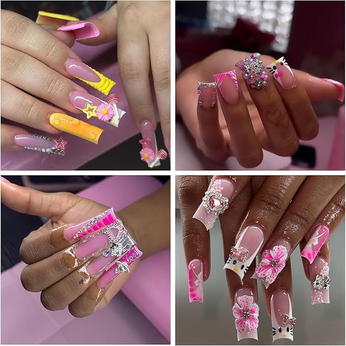 124PCS Nail Charms for Acrylic Nails - Silver Jewels Cat Bow Planet Gun Dollar Sign Star Cross Resin Flower Candy Accessories for Art Supplies Manicure Craft DIY