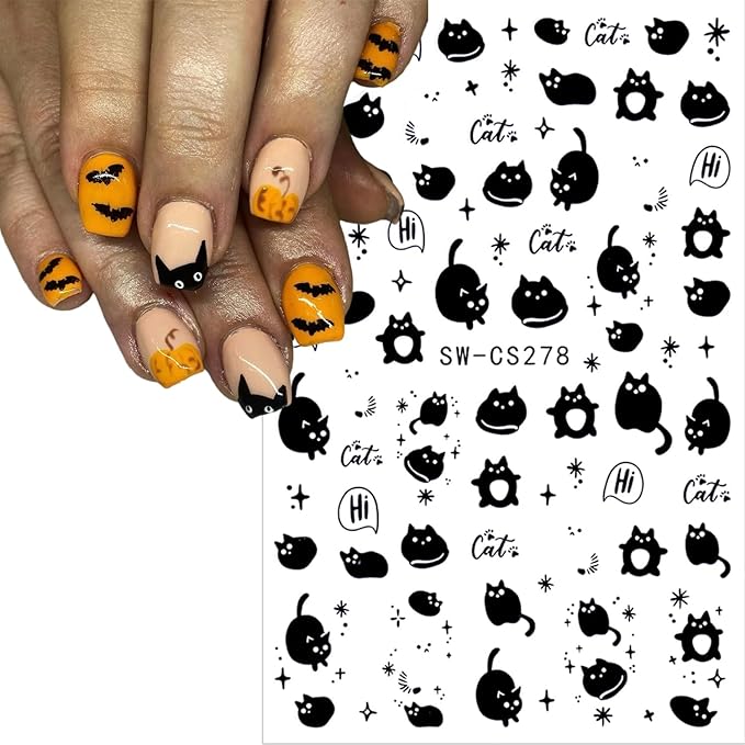 4 Sheets Halloween Nail Stickers Flower and Horror Cat Nail Art Stickers Skeleton Design Nail Decals Halloween Decoration Manicure DIY for Women