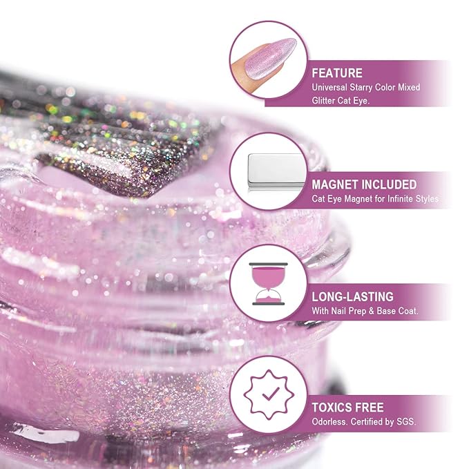 RARJSM Cat Eye Gel Nail Polish Aurora Light Color Velvet Silver Glitter Rose Red Galaxy Clear Shimmer Ice Gel Polish with Magnet Stick LED UV Curing Requires Soak Off Home Salon Single Bottle 15ml