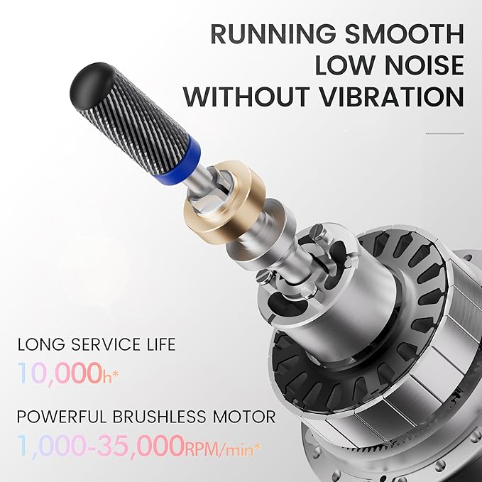 L'UGX Professional Nail Drill, Waterproof 35000RPM Brushless Nail Drill Machine, Rechargeable Nail Efile for Acrylic Gel Nails, Low Noise and Low Vibration