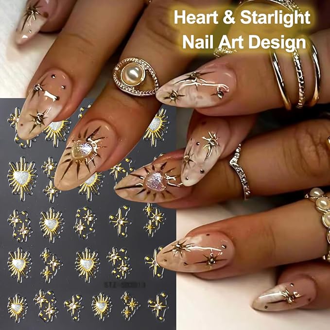 4Pcs Star Nail Decals Embossed Star Nail Art Stickers 5D Self-Adhesive Gold Bronzing Cross Starlight with Heart Rhinestones Nail Design Stickers Luxury Decals for Women Girls Manicure Decoration