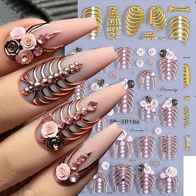 3 Sheets Embossed Halloween Nail Art Stickers Decals Gold Pink White Self-Adhesive Nail Stickers Design 5D Horror Bone Skull Hand Nail Decals for Women DIY Manicure Halloween Party Nails Decoration