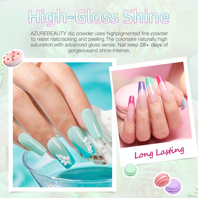 AZUREBEAUTY Dip Powder Nail Kit Starter, Spring Summer Bright Pastel Green Hot Pink Purple 4 Colors Dipping Powder Liquid Set with Base/Top Coat Activator for French Nail Art Manicure DIY Easter Gift