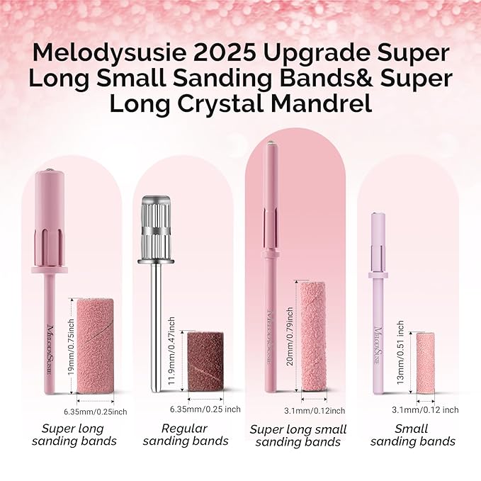 MelodySusie 50 Pcs Nail Drill Bits Super Long Small Sanding Bands with 3.1mm Crystal Mandrel Bit, 120 Medium Grit Nail File for Acrylic Nails Gel Manicures and Pedicure, Pink