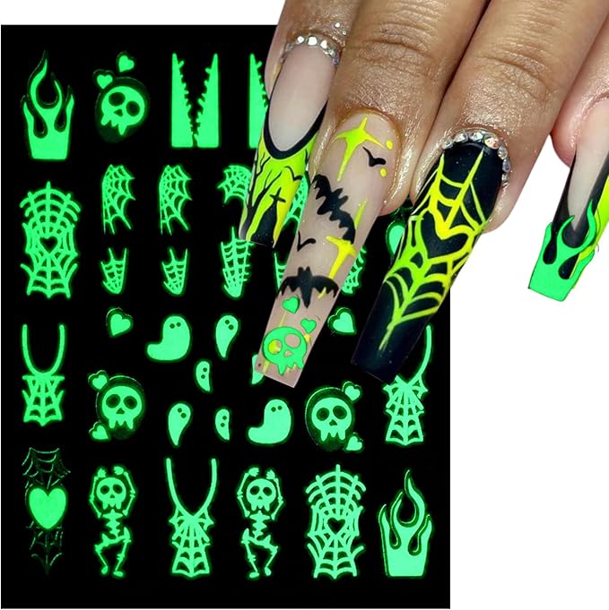 6 Sheets Halloween Glow in The Dark Nail Art Stickers 3D Self-Adhesive Luminous Ghost Nail Stickers Halloween Scary Ghost Skull Spider Bat Fluorescent Designs Nail Decals for Women Nail Decoration