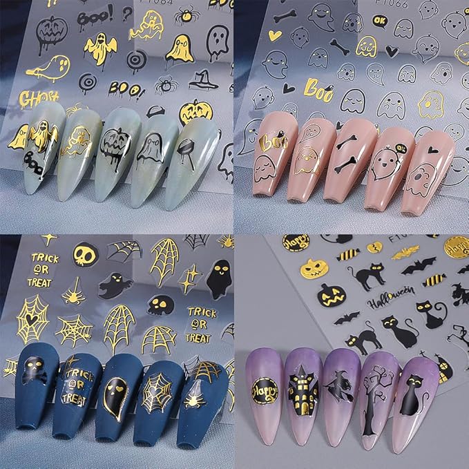 6 Sheets Halloween Nail Stickers for Nail Art, 3D Self-Adhesive Pumpkin Ghost Spider Web Nail Decals, Cute Bat Nail Supplies Nail Art Design Accessories for Women and Girls Manicure DIY Decoration