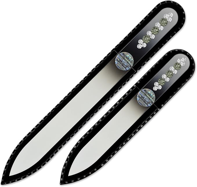Nail Files - Mont Bleu Set of 2 Glass Nail Files Hand Decorated with Crystals - Handmade Gifts - Czech Tempered Glass - Travel Nail File for Shiny Nails - Crystal Nail Files