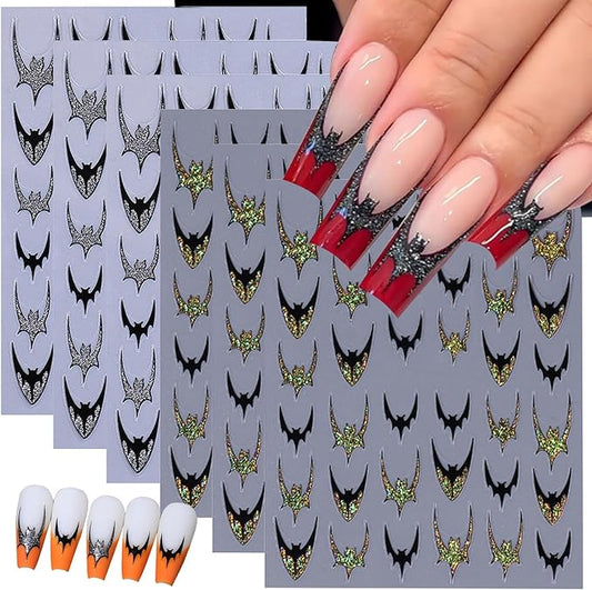 6 Sheets Halloween Bat Nail Stickers for Nail Art 3D Self Adhesive Gothic Bat Nail Decals with Exquisite Gold Silver Glitter French Nail Designs Stickers Holiday Decoration Nails Supply for Women DIY