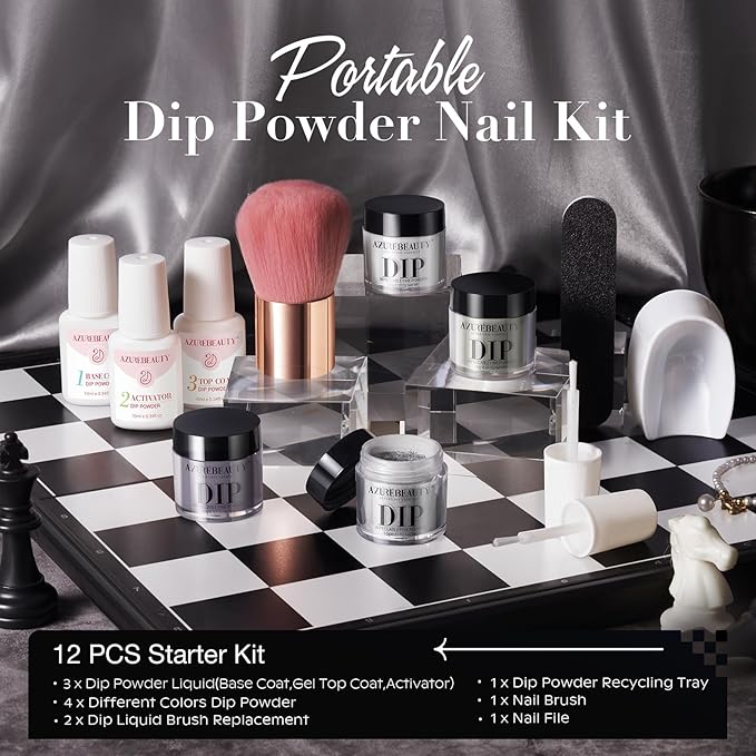 AZUREBEAUTY Dip Powder Nail Kit Starter, Light & Dark Grey Black Glitter Sparkle, 4 Colors Dipping Powder Set All Seasons, French Nail Art Base Top Coat Activator Liquid Manicure DIY Salon 12 PCS