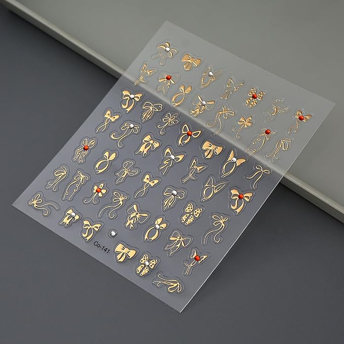 5D Embossed Gold Bow Nail Art Stickers, Rhinestones Nail Decals Metallic Ribbon Bow Tie Nail Design Cute Bow Nail Art Supplies Adhesive Sliders Sticker Craft French Manicure Decoration 1PCS