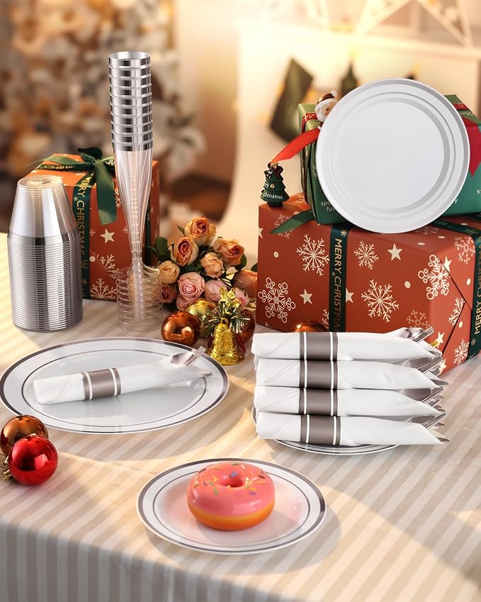 200 PCS Silver Dinnerware Set, Party Plastic Plates - Image 5