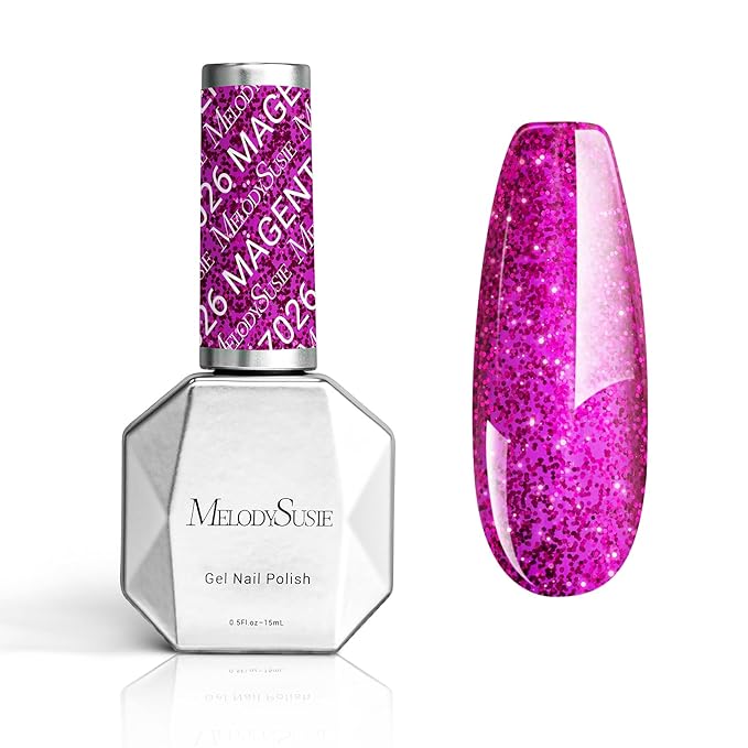 MelodySusie Hot Pink Glitter Gel Nail Polish,0.5fl oz Purple Shiny Soak Off UV LED Hot Pink Sparkle Glitter Gel Polish Gift for Women Nail Art Manicure Salon DIY Nail Design Decoration at Home-z026