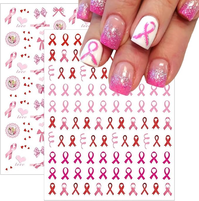 Breast Cancer Awareness Nail Decals - 4 Sheets Self-Adhesive Pink Ribbon Designs for Women DIY Supplies