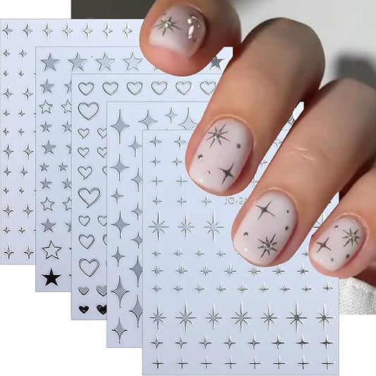 6 Sheets Metallic Mirror Star Nail Art Stickers 3D Shiny Silver Hollow Out Heart Nail Decals French Silver Glitter Star Moon Nail Designs Sticker for Women DIY Manicure Decoration