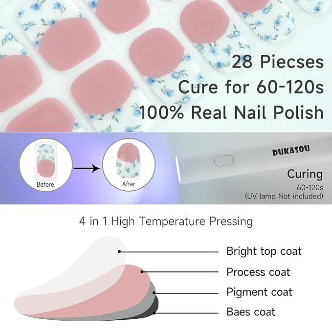Semi Cured Gel Nail Strips, Blue Rose | 28 pcs Gel Nail Strips Work with Any UV Lamp, Salon Quality UV Nails Stickers, Easy to Apply for Home Nails DIY