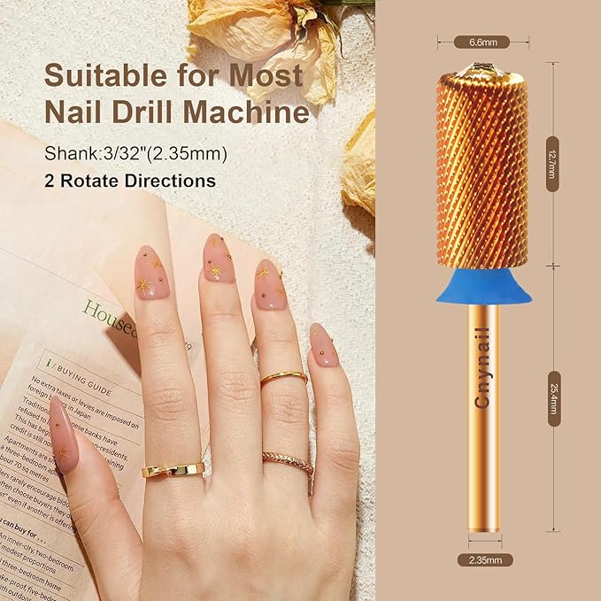 3/32" Large Barrel Crystal Top Tungsten Carbide Nail Drill Bit Safety Bit for Gel & Acrylic Removal, 2-Way Rotating Efile Tip, Salon Electric File Accessory (M Grit, Ti-Gold)