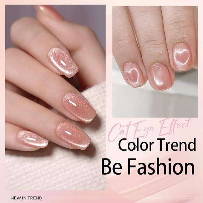 modelones Cat Eye Gel Nail Polish Shimmer Glitter Nude Pink Nail Polish with Magnet Holographic Reflective Soak Off LED Nail Art Top Coat Manicure Salon DIY Gifts 15ML