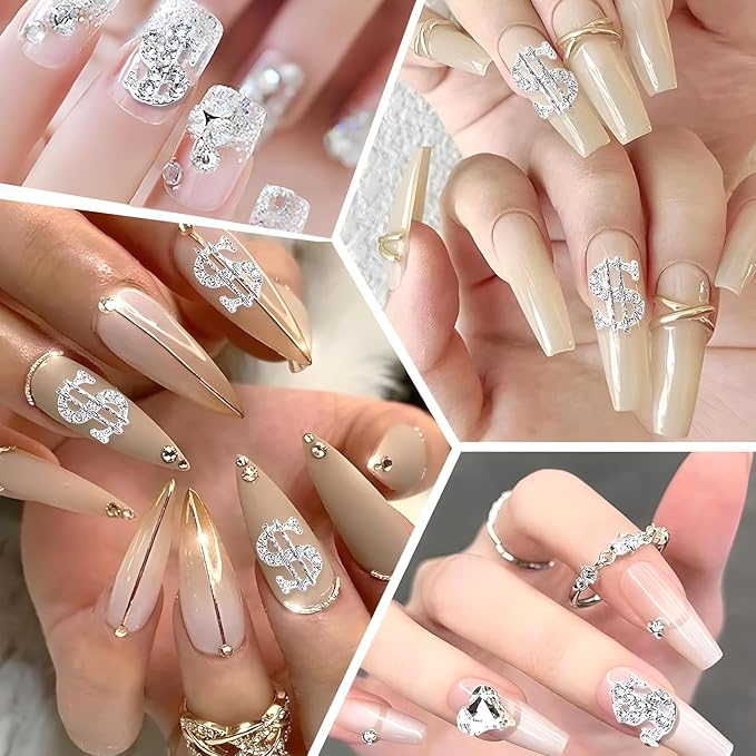 32 Pcs Money Dollar Nail Charms 3D Silver Money Dollar Nail Rhinestone Shiny Gold Dollar Nail Art Gems Alloy Design for Women and Girls Nail Decoration for DIY Acrylic Nails, Namrec-22