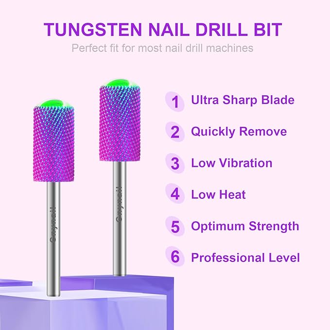 3/32" 2PCS Large Barrel Smooth Round Top Tungsten Carbide Nail Drill Bit Safety Bit for Gel & Acrylic Removal, 2-Way Rotating Efile Tip, Salon Electric File Accessory (F Grit, Purple)