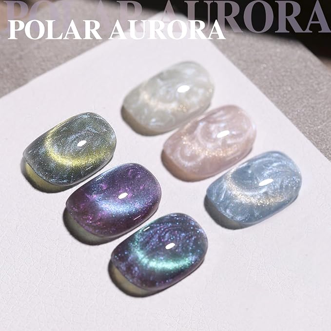 GAOY Pearl Glitter Cat Eye Gel Nail Polish Set, 6 Colors Shimmer Mermaid White Blue Iridescent Soak Off UV Light Cure Gel Polish Kit for Salon and Nail Art DIY at Home