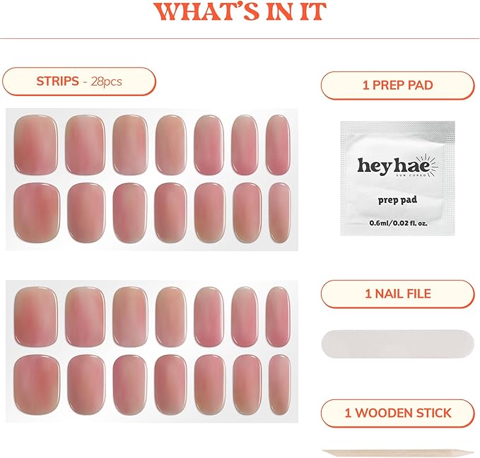 Heyhae Semi Cured Gel Nail Strips | No LED Lamp Needed | Solid, Pink, Spring | Easy Apply & Remove, Salon Quality | Includes 28 Strips, 1 Prep Pads, Nail File & Wooden Stick - Hey, Summer Sweetheart