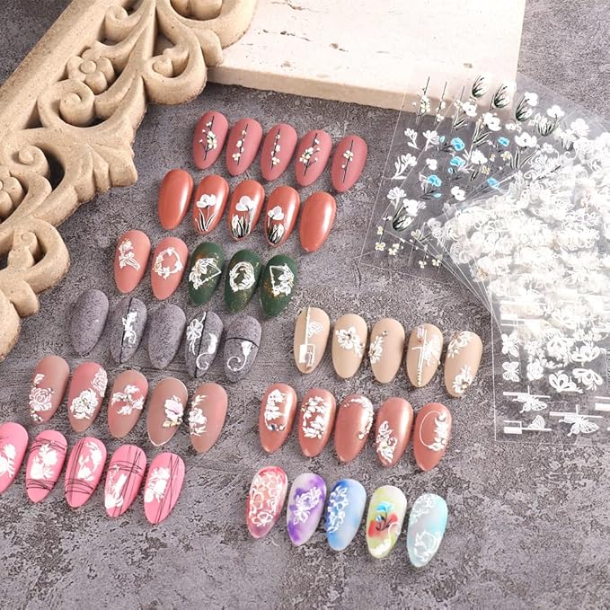 5D Spring Embossed Flower Nail Art Stickers 4 Sheets JMEOWIO Real Self-Adhesive Decals Floral Design Nail Decoration for Women Girls